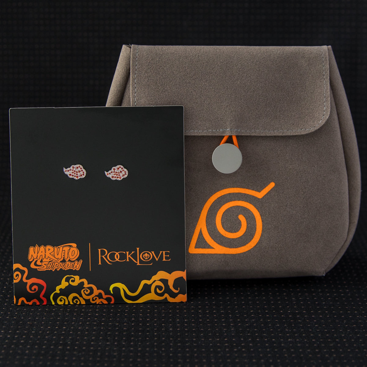 The collectible in-world soft suede belt pouch with the Hidden Leaf Village symbol and orange elastic button closure