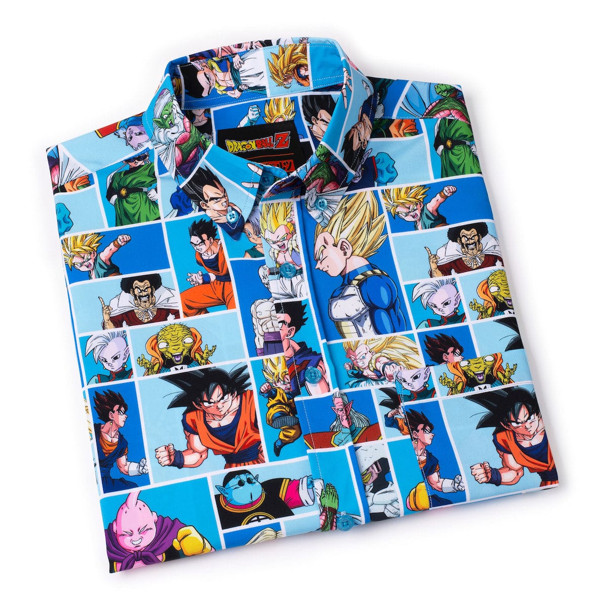 Folded Dragon Ball Z x RSVLTS button-down shirt showing the collar and folded presentation