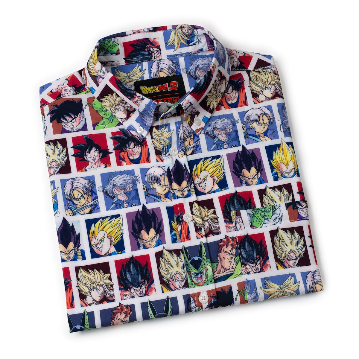 Folded view of the Dragon Ball Z x RSVLTS shirt highlighting the colorful pattern design