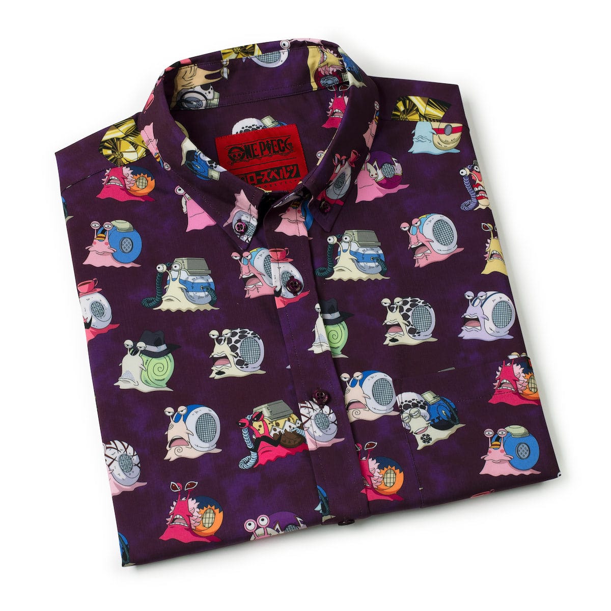 Lifestyle view of the One Piece transponder snail button-down shirt styled for wear