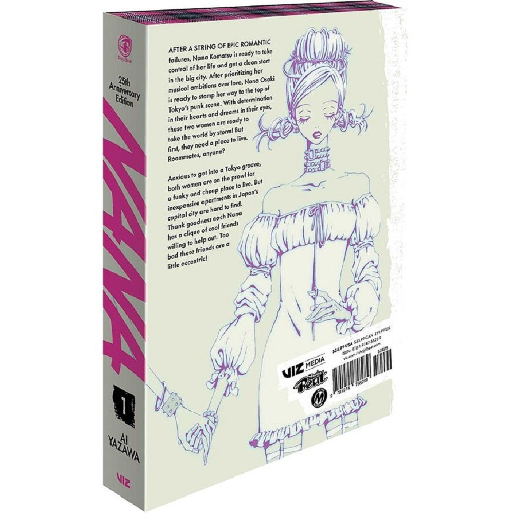 Back cover of the Nana 25th Anniversary Edition Vol. 1 book with series synopsis and barcode