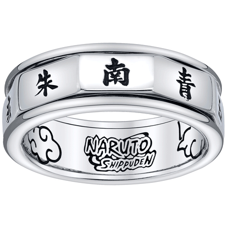 Silver plated Akatsuki spinner ring showing the rotating band and engraved member names