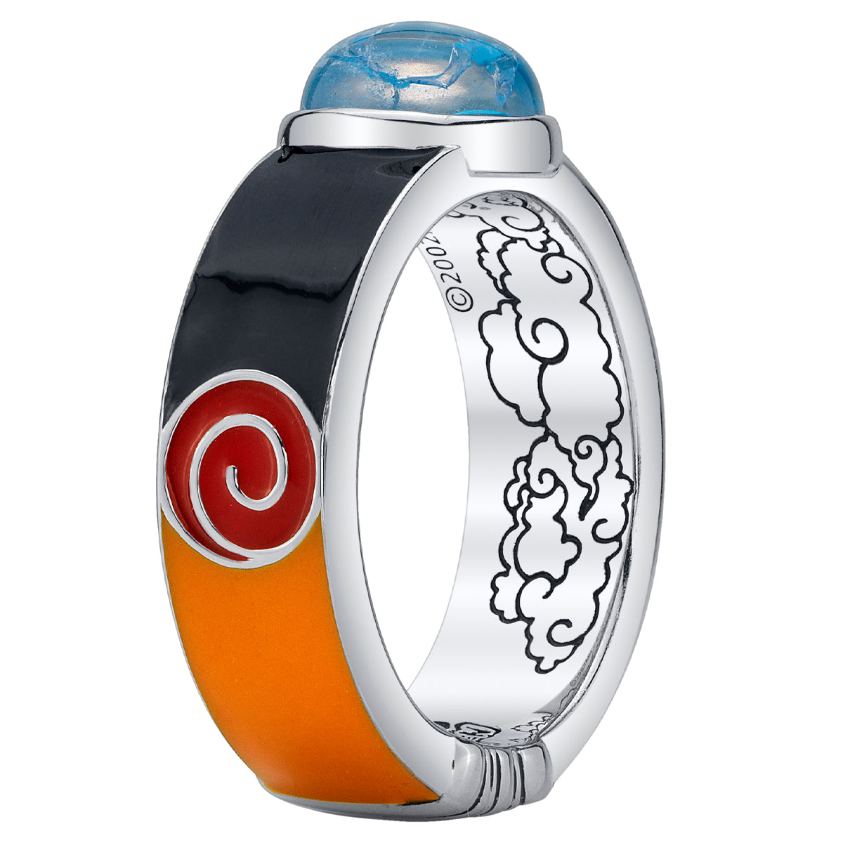 Top-down view of the NARUTO SHIPPUDEN Naruto Rasengan Ring showcasing the blue crackle quartz gemstone and orange enamel accents