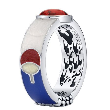 Naruto Shippuden x RockLove Sasuke Sharingan Ring viewed from the top, showing the faceted red glass dome and Sharingan design