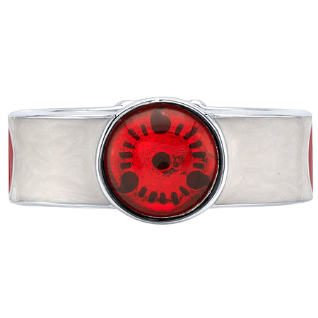 Close-up angle of the Sasuke Sharingan Ring displaying the white rhodium finish and enamel details