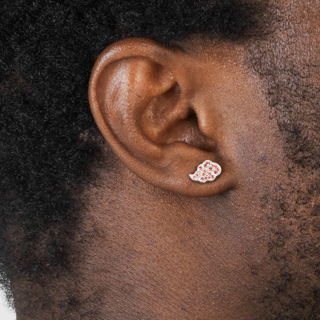 Front close-up view of the RockLove Akatsuki cloud stud earrings featuring faceted red cubic zirconia crystals