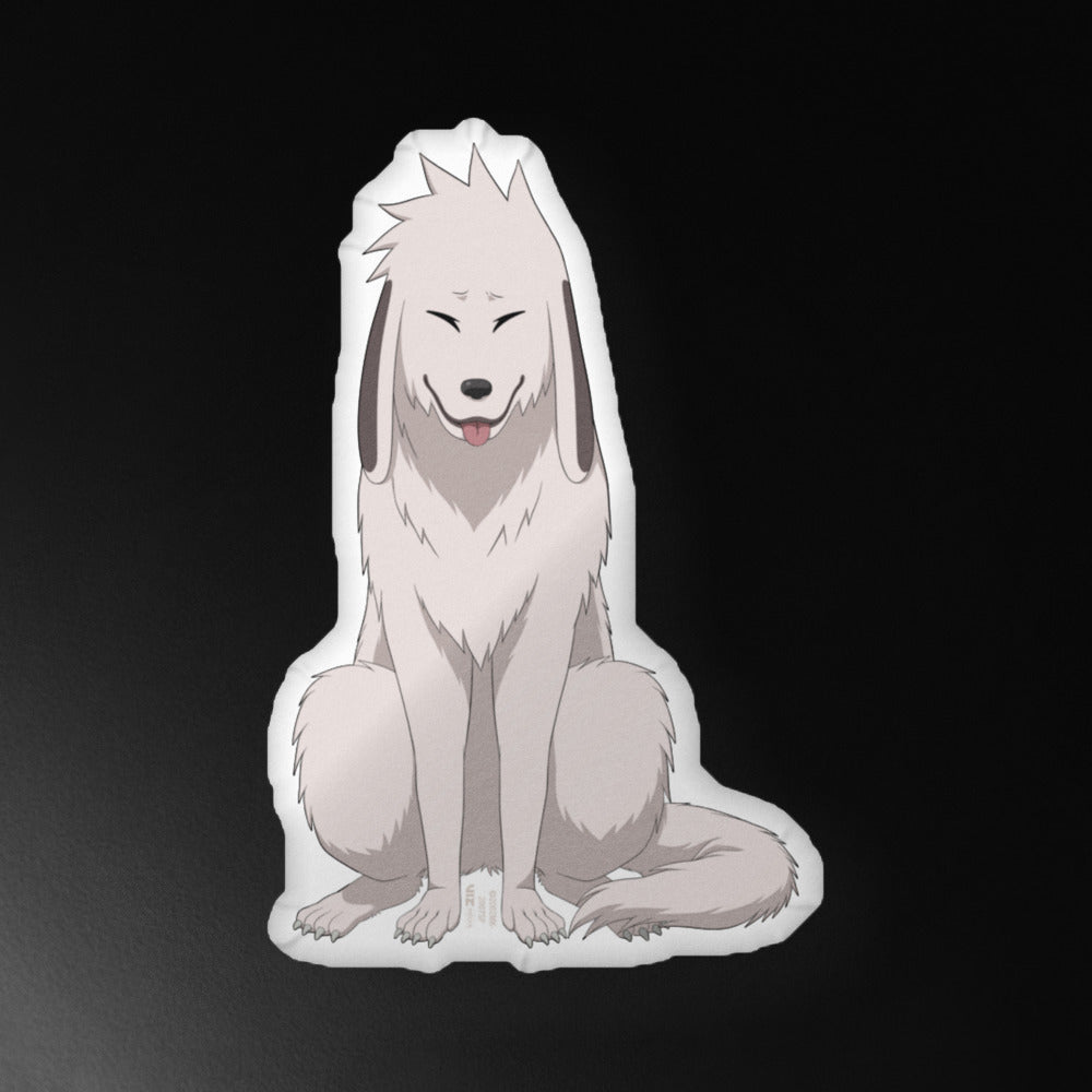 Lifestyle view of the square Akamaru character pillow displayed on a neutral background