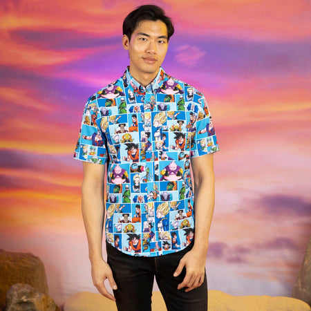 Close-up of the KUNUFLEX fabric showing the vibrant character pattern on the Dragon Ball Z button-down shirt