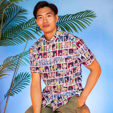 Close-up of the KUNUFLEX fabric pattern showing Goku and classic Dragon Ball Z characters on the shirt