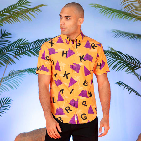 Close-up of the Turtle Hermit pattern details on the button-down shirt
