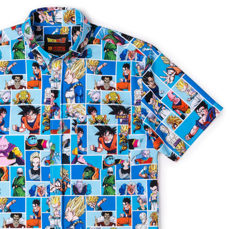 Dragon Ball Z x RSVLTS button-down shirt laid flat, displaying the all-over Dragon Ball A-Z pattern featuring characters and icons