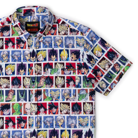 Dragon Ball Z x RSVLTS button-down shirt laid flat, displaying the vibrant Heroes and Enemies character collage graphic