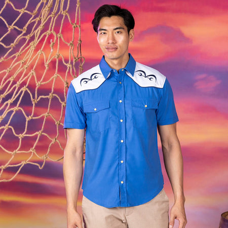Close-up of the front chest pocket and marine emblem embroidery on the One Piece button-down shirt
