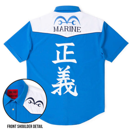 Front view of the One Piece x RSVLTS Justice blue-and-white roper short sleeve shirt with marine emblem