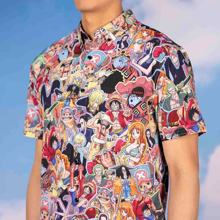 Close-up of the KUNUFLEX fabric pattern showing the One Piece timeskip characters