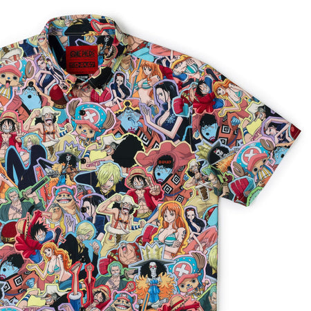 Front view of the One Piece x RSVLTS 2 Years Later button-down shirt featuring all-over character graphics