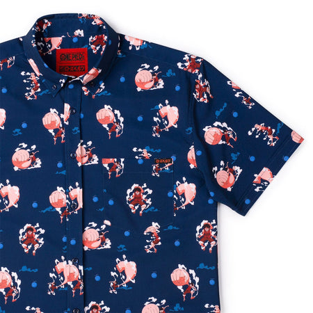 Front view of the One Piece x RSVLTS Gear Second short sleeve button-down shirt featuring a vibrant action graphic