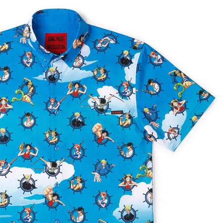 One Piece x RSVLTS Join My Crew! button-down shirt laid flat, showing the full graphic pattern