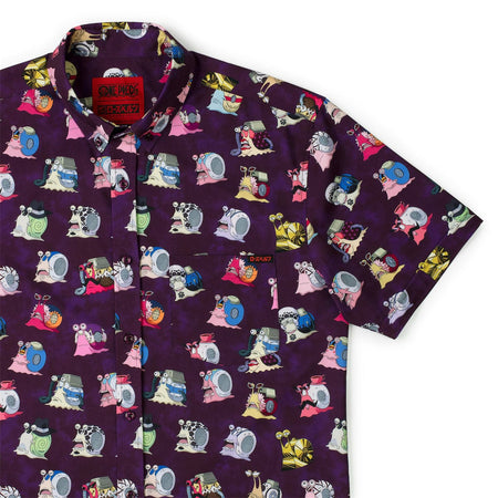 One Piece button-down shirt with a multi-colored Den Den Mushi transponder snail pattern